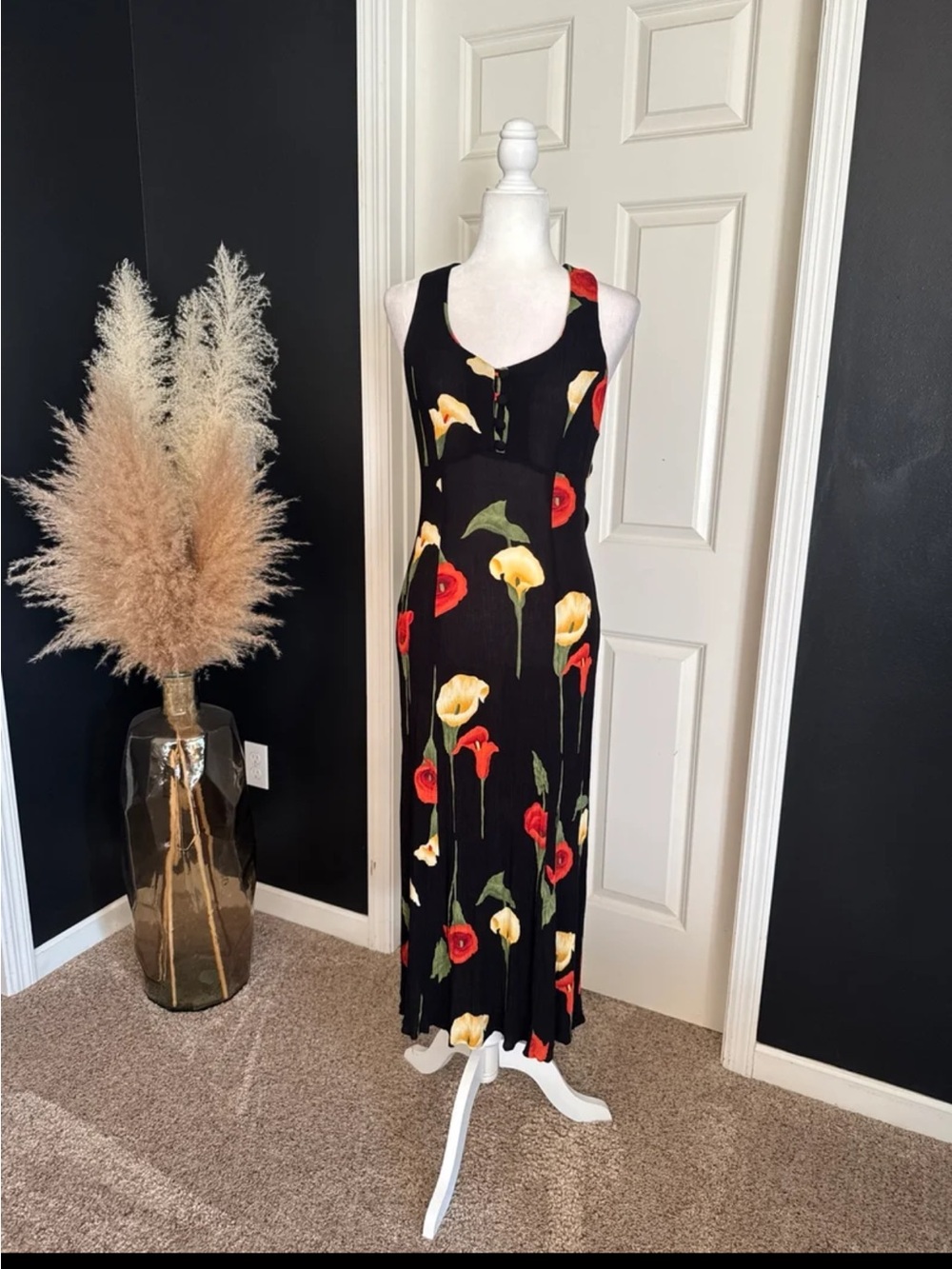 Vintage DJ International Black Floral Maxi Dress size Small